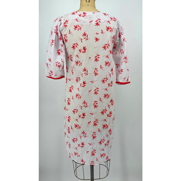 Vintage White Red Cherry Blossom Print Asian Inspired Knee Dress Large - Picture 2 of 7
